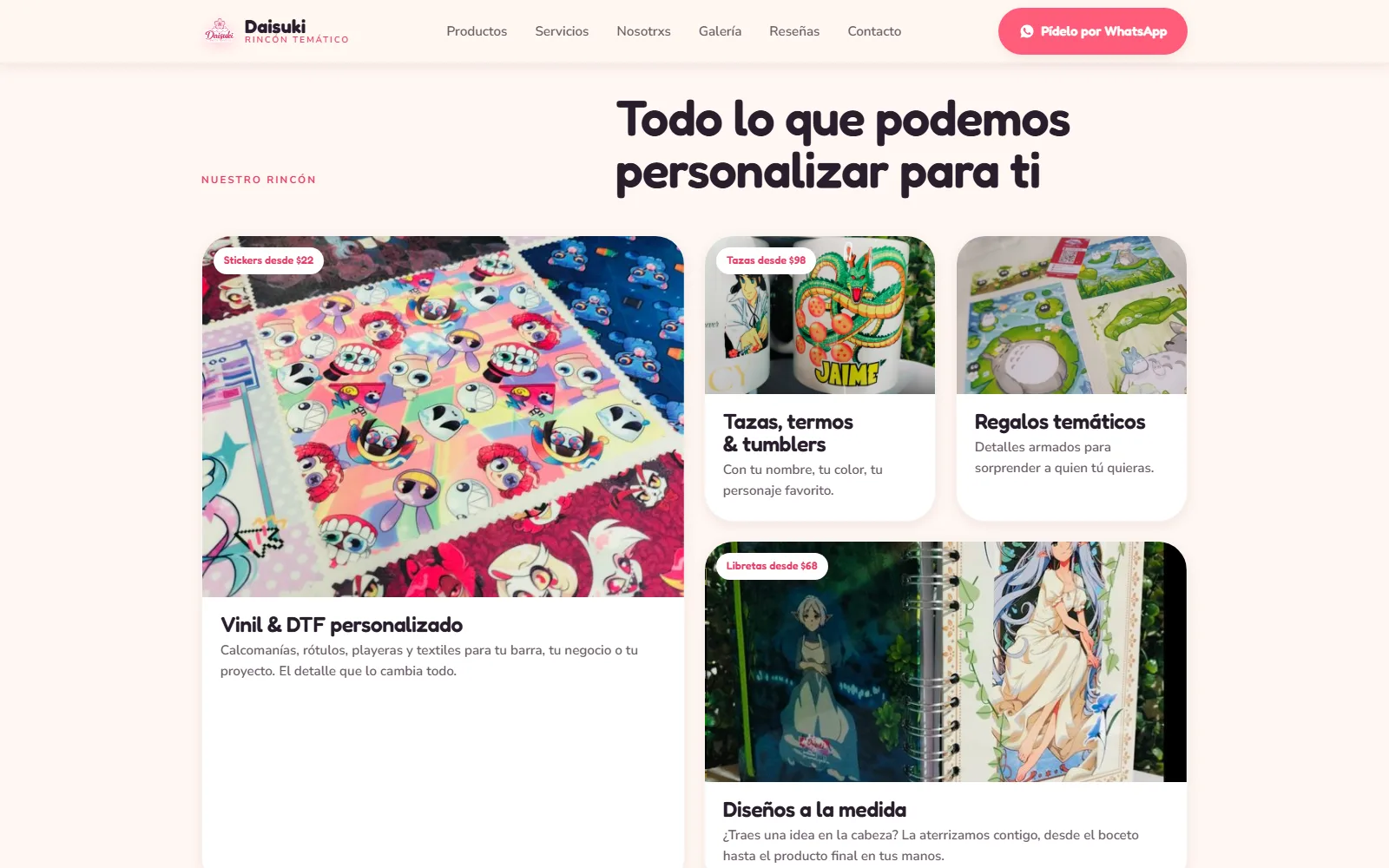 Catálogo de productos en tarjetas
