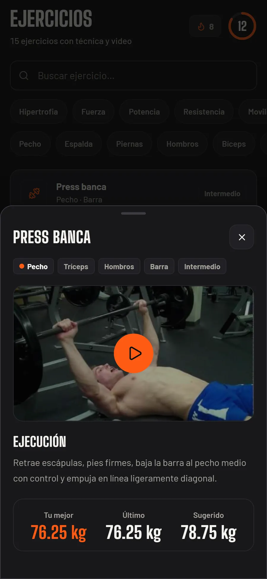 Detalle de un ejercicio con video que enseña cómo hacerlo