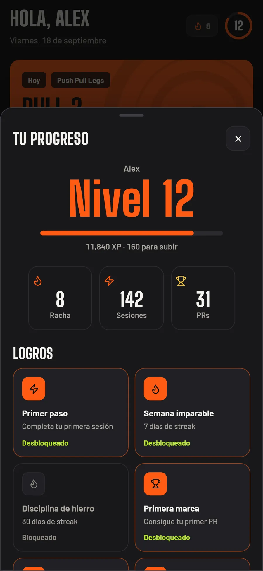 Perfil con nivel, rachas y logros desbloqueados